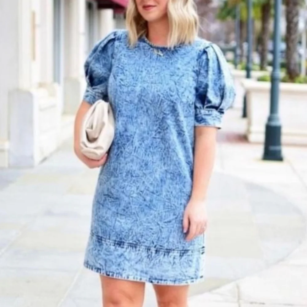 Who What Wear Denim Dress Acid Wash Puff Slv Knee Length Sz XS